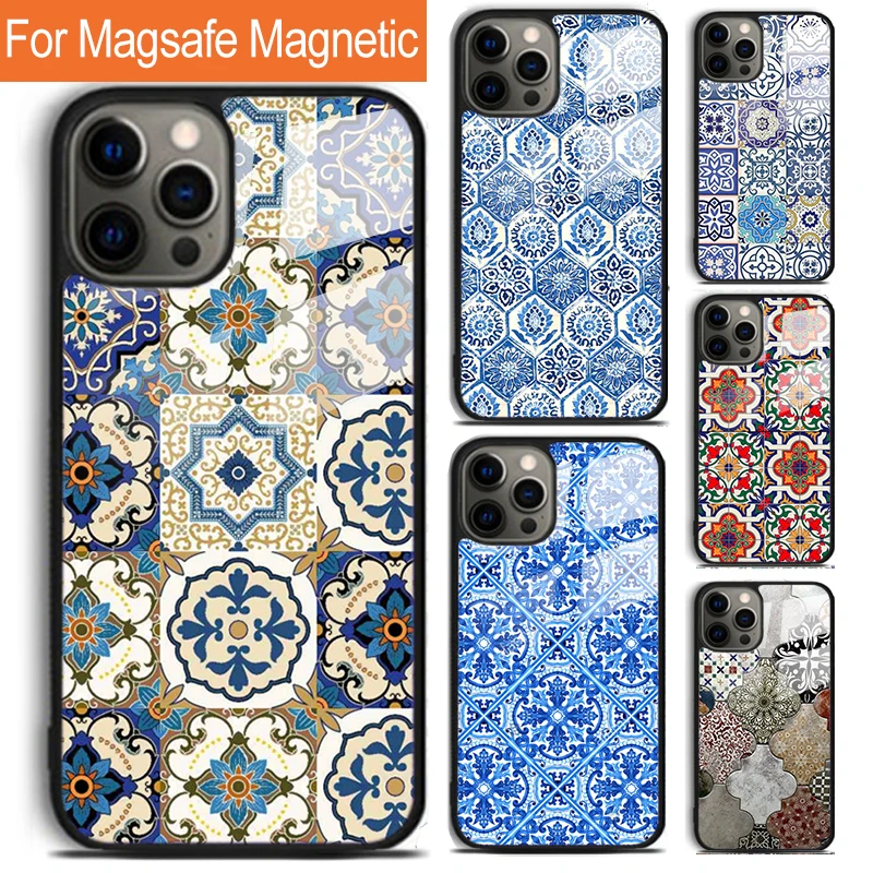 Moroccan Tiles Pattern soft Phone Case For iPhone 16 15 14 13 12 11 Pro Max Plus Magsafe Magnetic Wireless Charging Cover