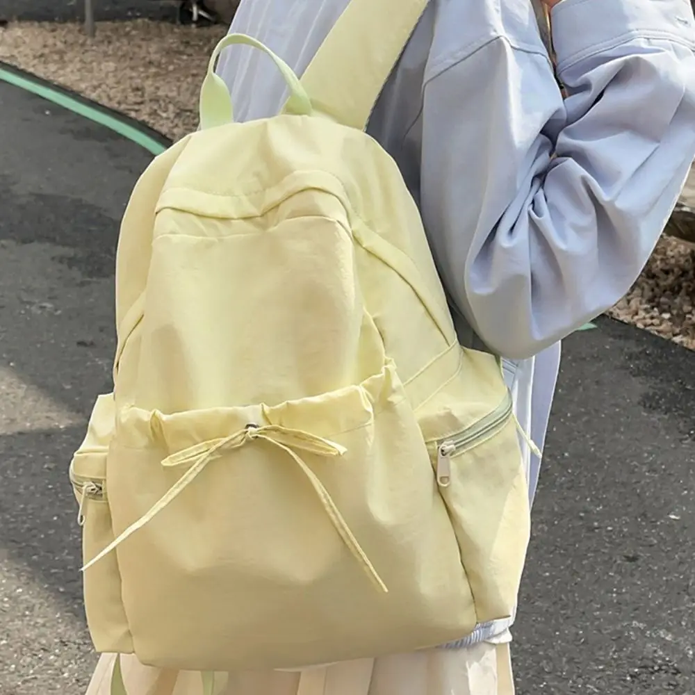 Cute Sweet Bow Backpack Solid Color Bowknot Drawstring Rucksack Large Capacity Lightweight Student School Bag Commute