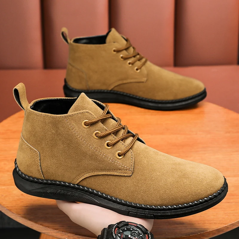 Zapatos de tablero informales de alta calidad, botas cortas de fondo plano negro de gamuza con cordones para hombre, botas Chelsea para hombre,