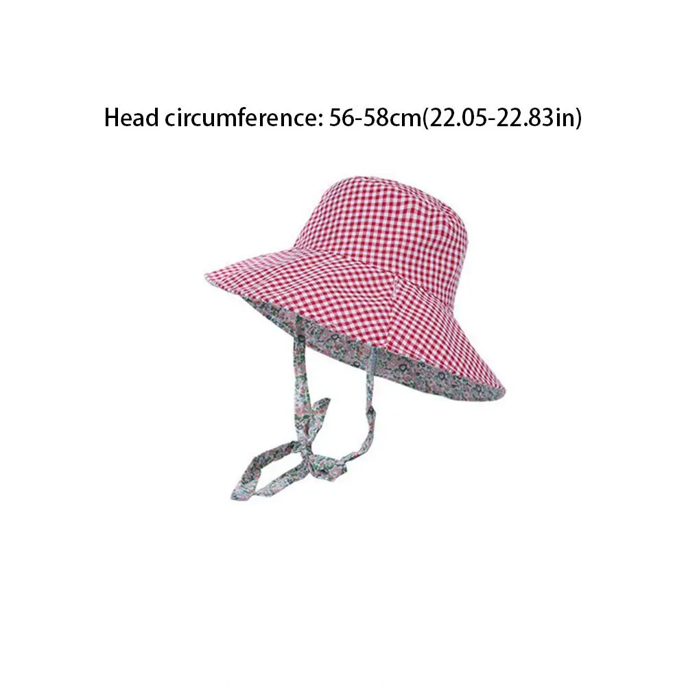 Sun Protection Hiking Fisherman Hat Floral Double Sided Wear Drawstring Sun Hat Sunscreen Small Lattice Plaid Hiking Cap Famale