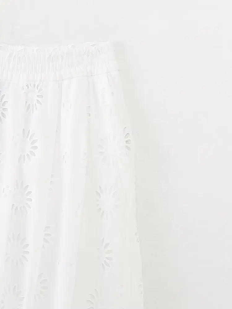 Dave&Di  Moroccan Retro Skirt Hollow Embroidery High Waist Midi  White Ladies Cotton Casual Skirt Womens