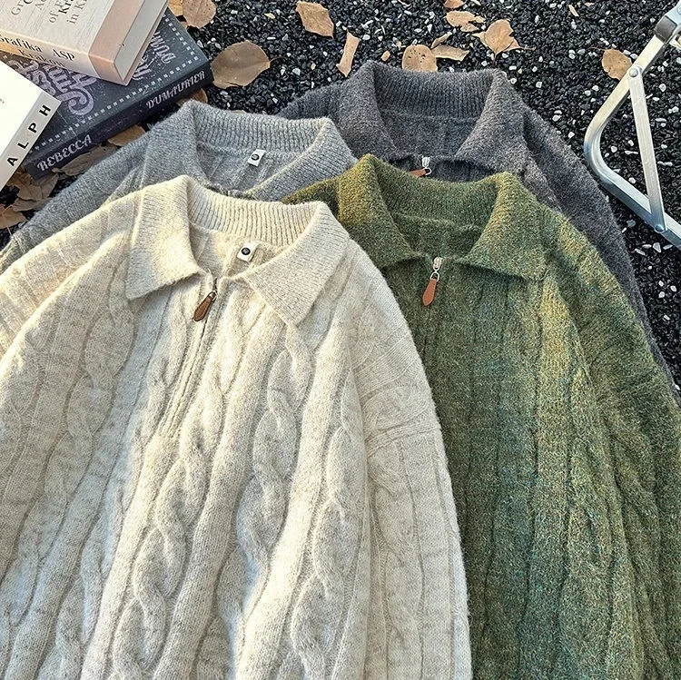 2025 New Half Zipper Pullover Polo Collar Unisex Winter Thick Warm Fashion Versatile Loose Knit Sweater