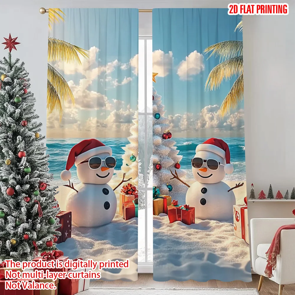 

2pcs 2D flat printing Merry Christmas Drapes Palm trees_ snowmen and gifts Durable Polyester Without Electricity Versatile for