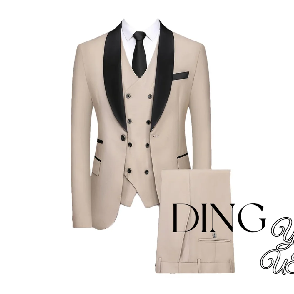 Mens Suit 3 Piece Gold button Business Suit Dress Wedding Party Blazers Vest Pant Men Tuxedo Suit Set traje de hombre elegante