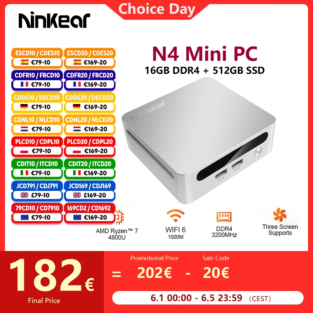 Ninkear n4 mini pc amd ryzen™5 4600h bis zu 4,2 GHz 16GB DDR4 512GB SSD WiFi 6 BT 5,2 Unterstützung