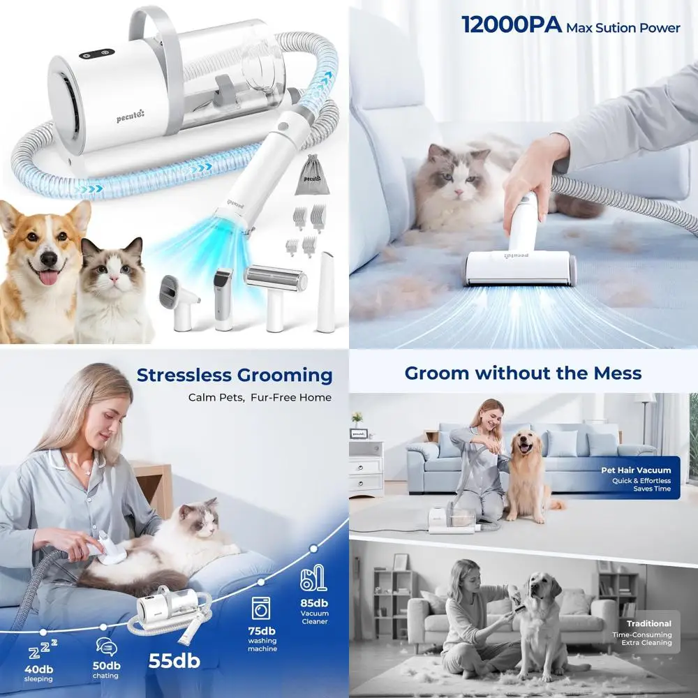 

Набор для ухода за животными 4-в-1: машинка для стрижки, щетка, пылесос 12000 Па с контейнером для пыли 1,5 л, низкий уровень шума для собак и кошек