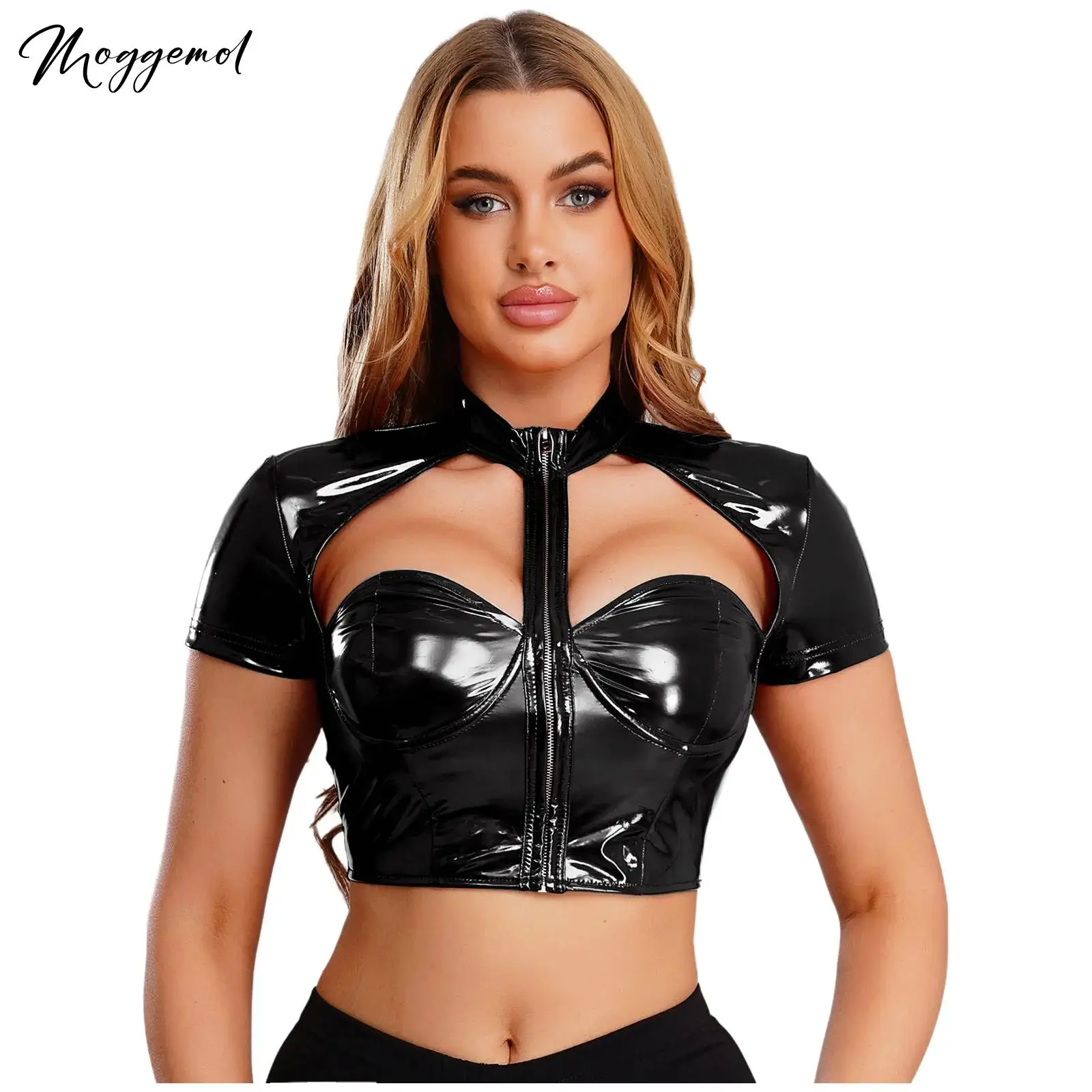 

Womens Wet Look Leather Cropped Top Push-up Underwire Cutout Mock Neck Short Sleeve Front Zipper Crop Top for Jazz Pole Dancing