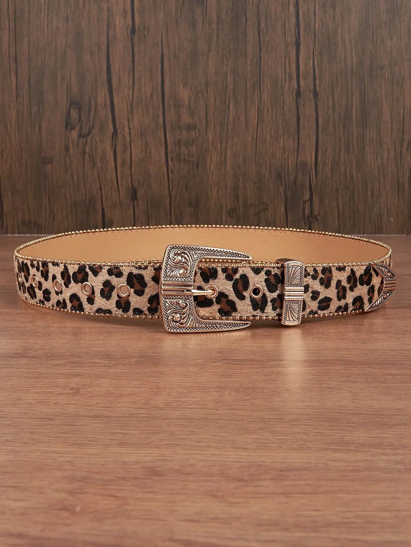 1pc Men Leopard Vintage Engraved Metal Buckle Pearl Edged Jeans Belt, Versatile For Casual Wear Halloween
