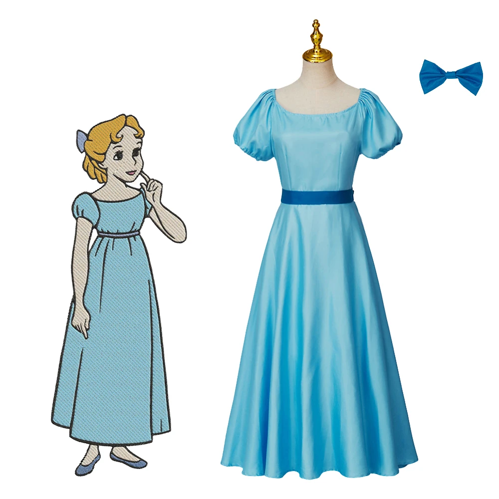 Disfraz de Wendy Darling, vestido azul claro, cinturón, conjunto de lazo, disfraz para mujer adulta, disfraz de Halloween, disfraz de carnaval