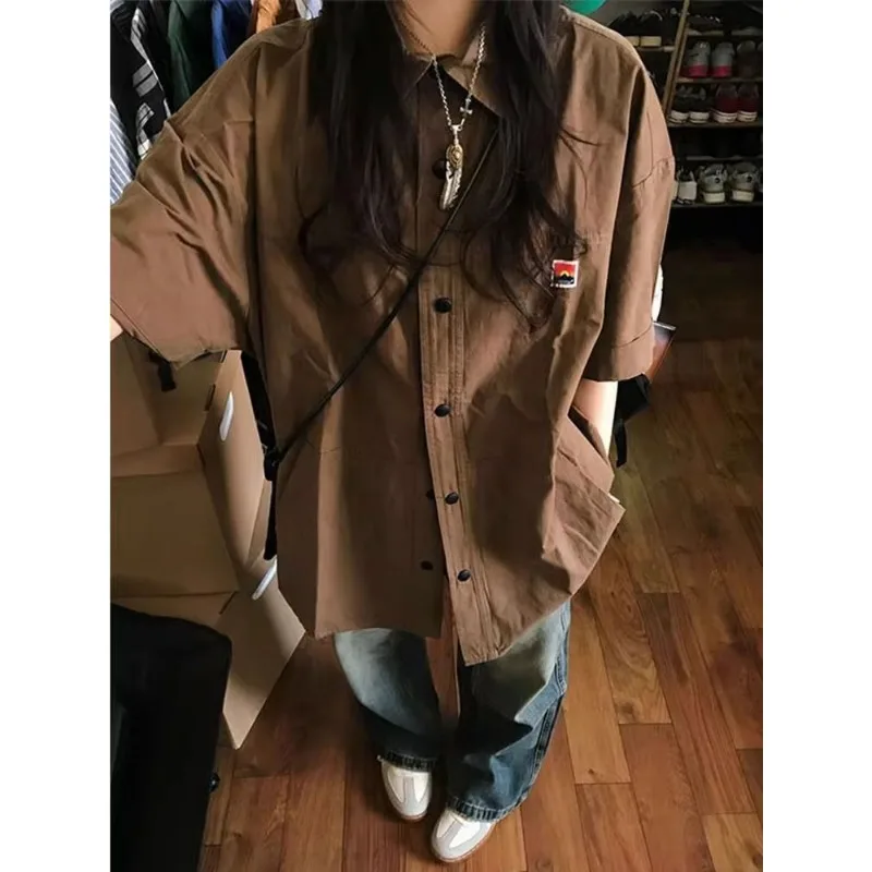 Camisa básica de botão extragrande para mulheres, blusa vintage, streetwear chique casual, moda japonesa, Harajuku de verão, Y2K