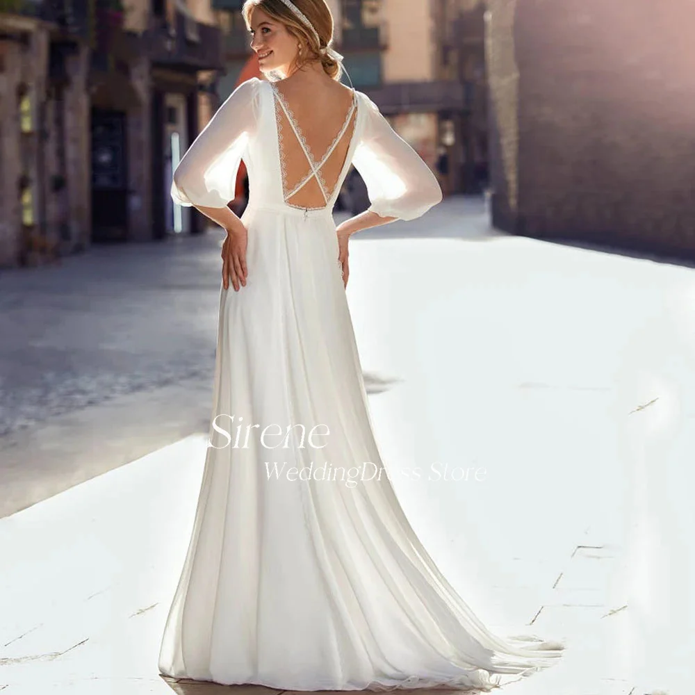 Abito da sposa in pizzo con applicazioni in chiffon con scollo a V personalizzato Abito da sposa incrociato senza schienale a tre quarti Vestido De Novia