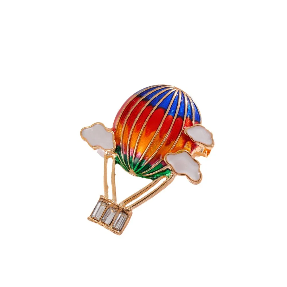 New Korean version hot air balloon drip oil brooch, fashionable cartoon inlaid with diamonds, colorful cloud flower clothing acc