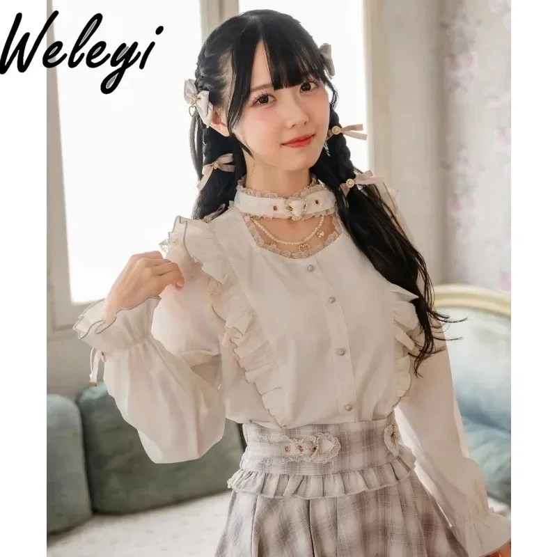 

Mine Sweet Long Sleeve Heart Button Blouse Feminina 2024 Fall New Mass Production Lolita Cute Neck Ruffle Splicing Shirt Camisa