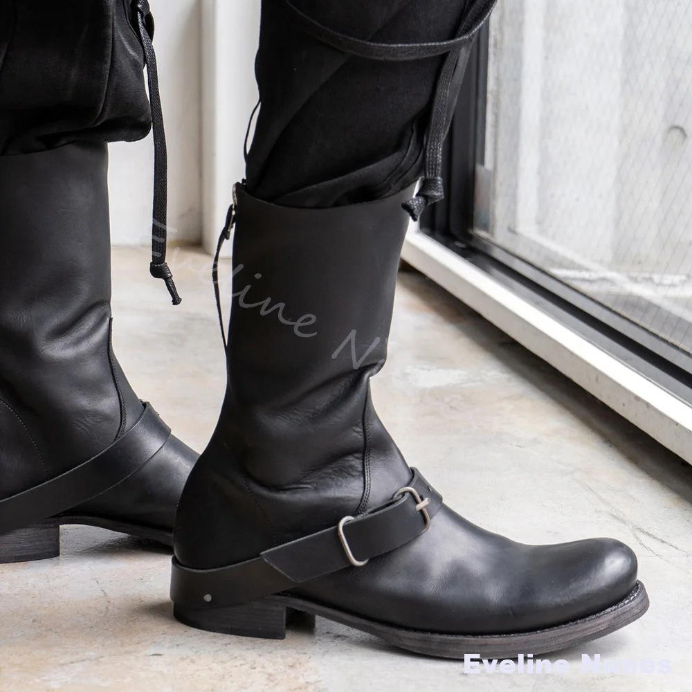 Men Black Leather Biker Boots Round Toe Wide Strap Buckle Cross Decor Low Block Heel Vintage Distressed Mid Calf Motorcycle Boot