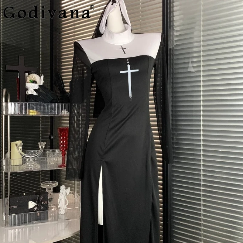 Puro escuro goth cosplay vestido feminino sexy alta divisão manga longa vestido de halloween feminino role play carnaval vestido de festa