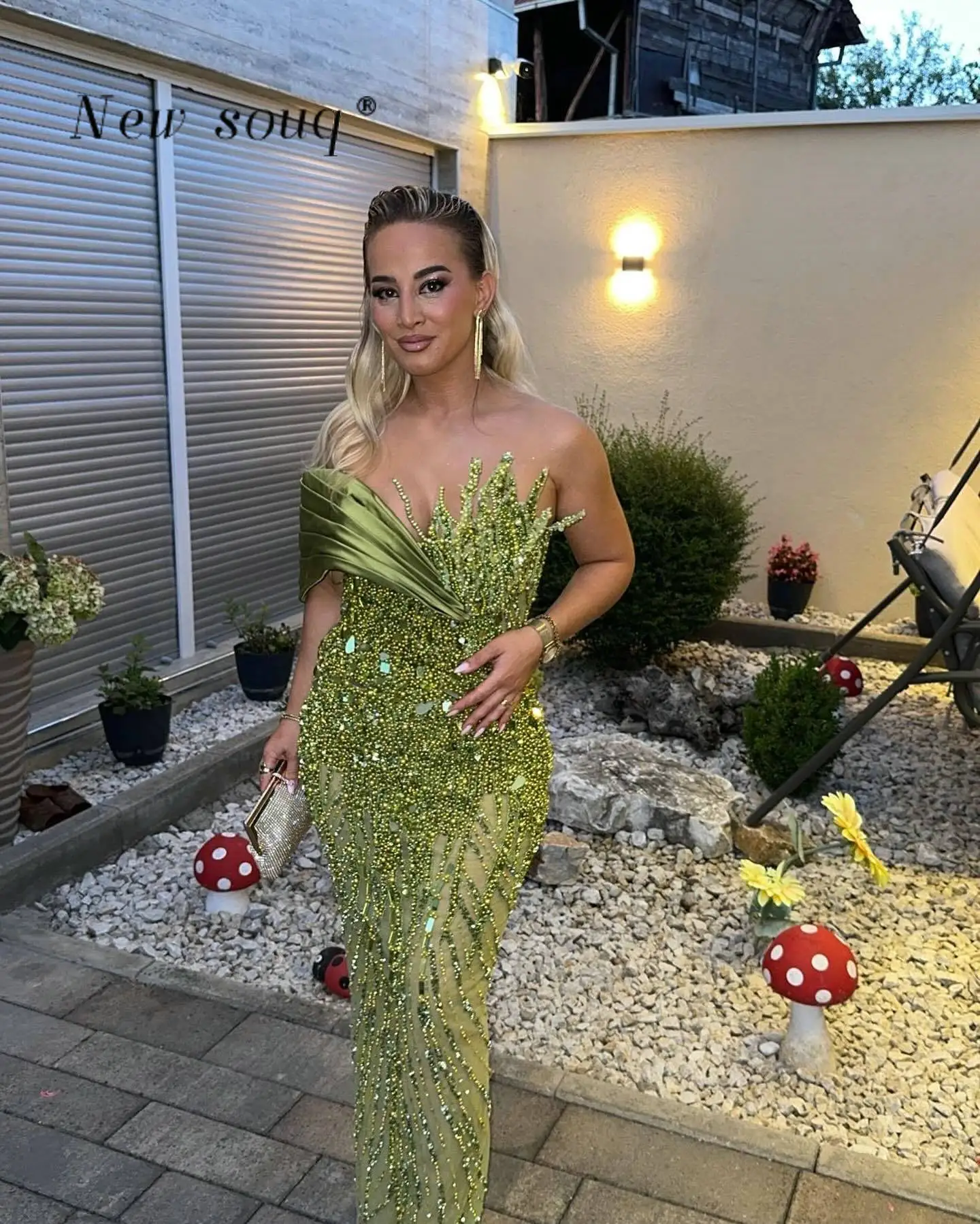 Arabic Green Crystals Beaded One Shoulder Mermaid Evening Dresses Elegant Formal Party Gowns Wedding Guest Wear for Women