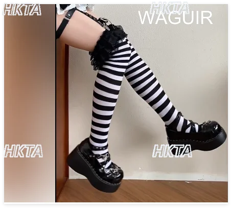 

Черно-белые полосатые готические носки на Хэллоуин в японском стиле, длинные носки выше колена с кружевной отделкой в стиле Лолиты, кольцо для галстука, чулки Y2K