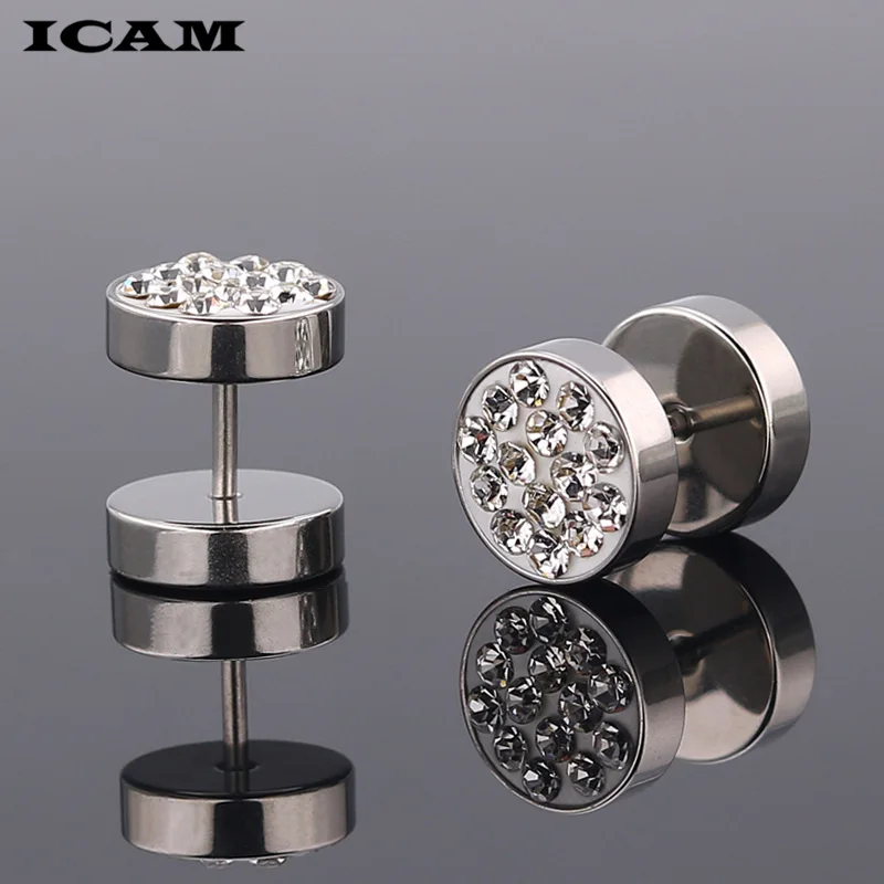 ICAM Punk Hip Hop Rock Round Color Boy Dumbbell Stud Earrings Stainless Steel CZ Crystal Earrings Jewelry For Women Men Gifts