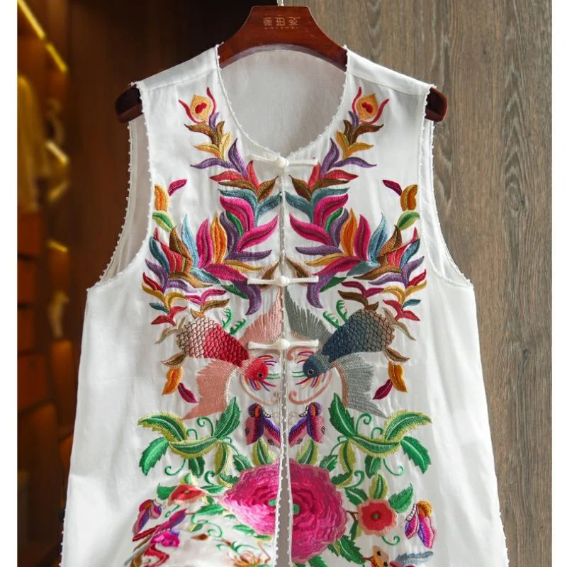 Vintage Button FashionAble Waistcoat Vest For Female Heavy Industry Chic Style Embroidery Beaded High-end Silk New Chinese Top