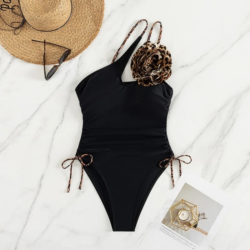 sexy 3d leopard flower one shoulder swimsuits one piece tie bodysuits bikini bathing suit swimwear trikini biquini tankini