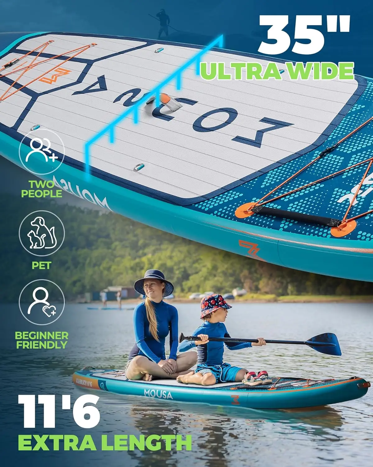 10'8/11'*35" extra brede opblaasbare paddleboards, stabiel stand-up paddleboard voor 3 personen/familie met schouderriem