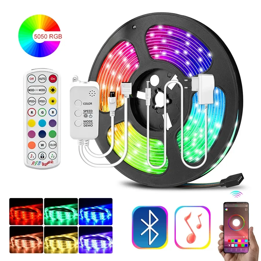 RGB LED Strip 12V 5050 Music Sync Waterproof Bluetooth Control Flexible RGB LED Tape 5m 10m 15m for Room Wall Ambient Backlight