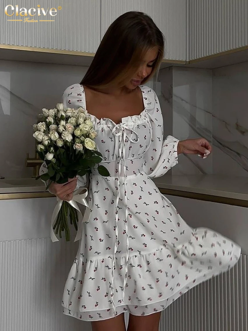 

Clacive Fashion Loose Print Women Dress 2026 Elegant Square Collar Long Sleeve Mini Dresses Elegant Classic Lace-Up Female Dress