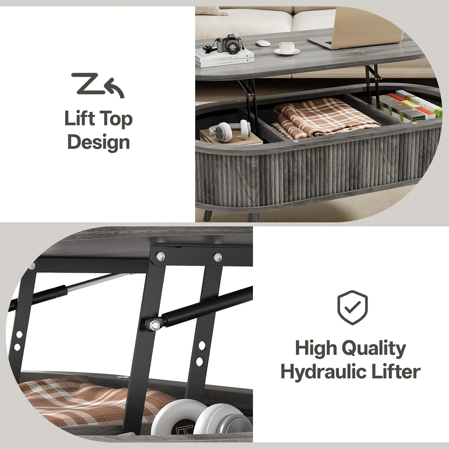 Oval Coffee Table With Storage, Fluted Coffee Table With Lift Top, Small Coffee Tables With Storage, Mid Century Modern Center T