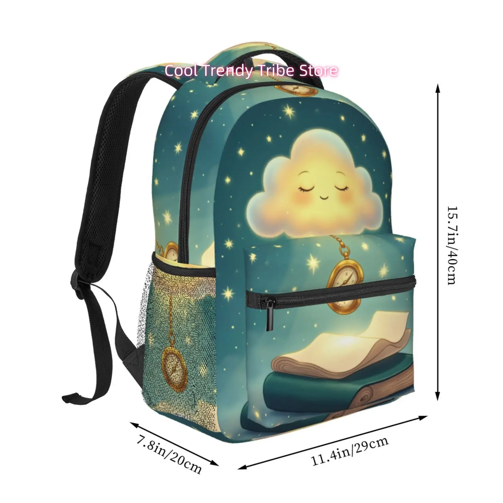 Cute Smiling Cloud Backpack with Books & Compass Print - High Quality Oxford Cloth, Adjustable Straps & Zipper Closure Suitable