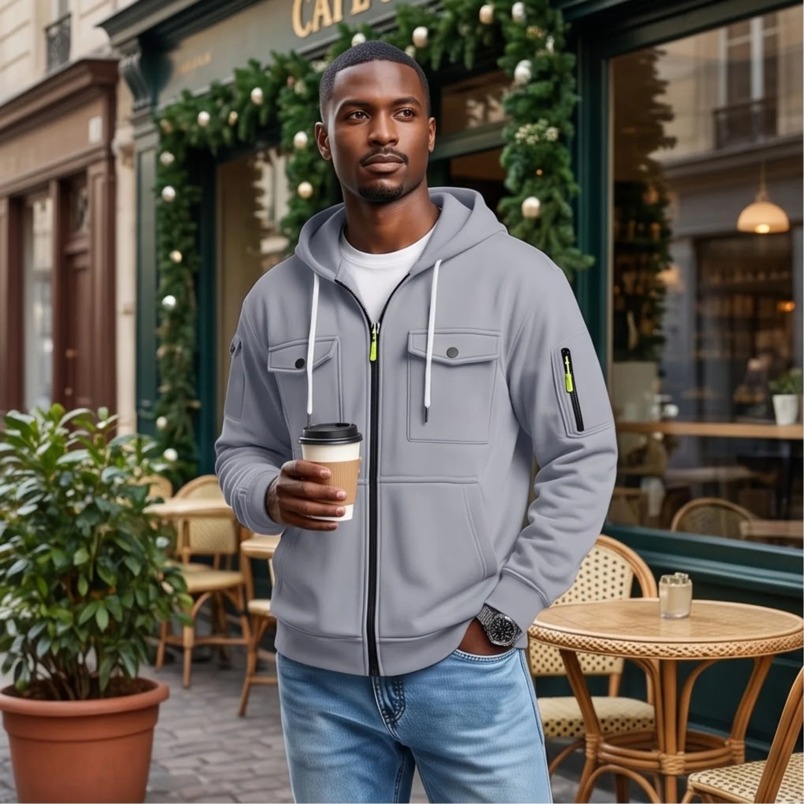 Men's Casual Sports Jackets Fashion Multi-Pocket Zip Hoodie Coats Outdoor Cargo Jackets for Sports and Daily Wear view 2