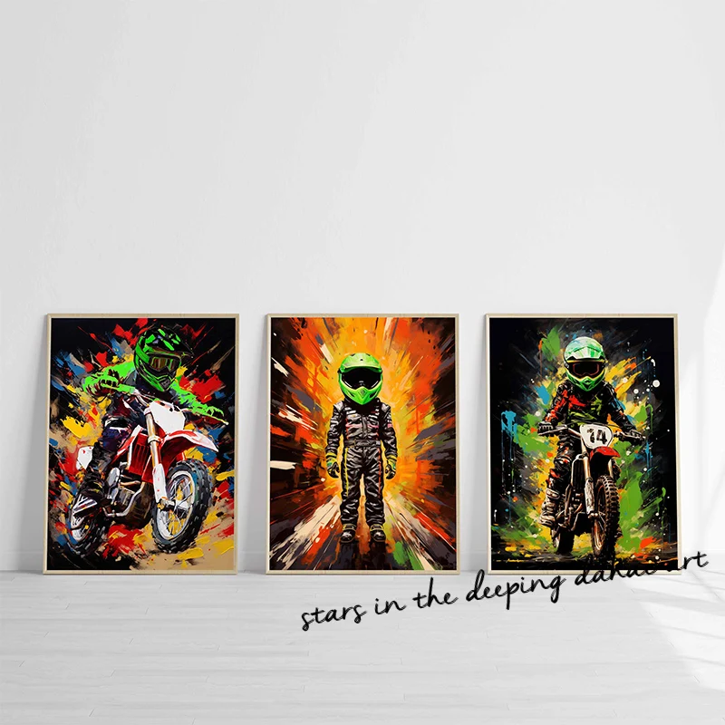 Pop Cartoon Motocross Dirt Bike Motorbike Motorcycle Art Poster Canvas Painting Wall Prints Picture for Children Room Home Decor