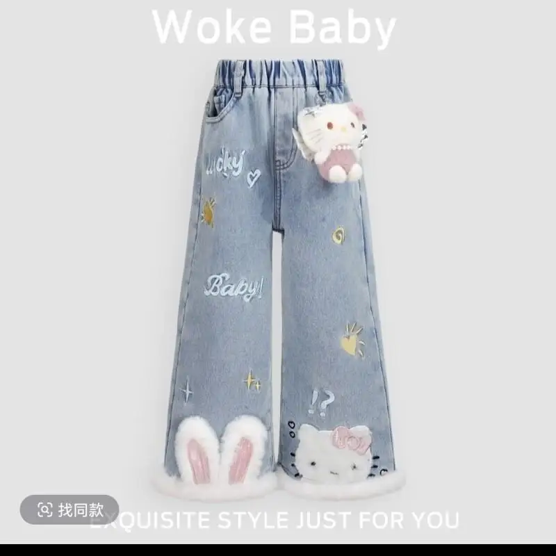 

Sanrio Hello Kitty Girls Flared Jeans Fleece Lined Cartoon Pants 2025 New Fashion Casual Baby Kids Winter Trousers Cute Kawaii