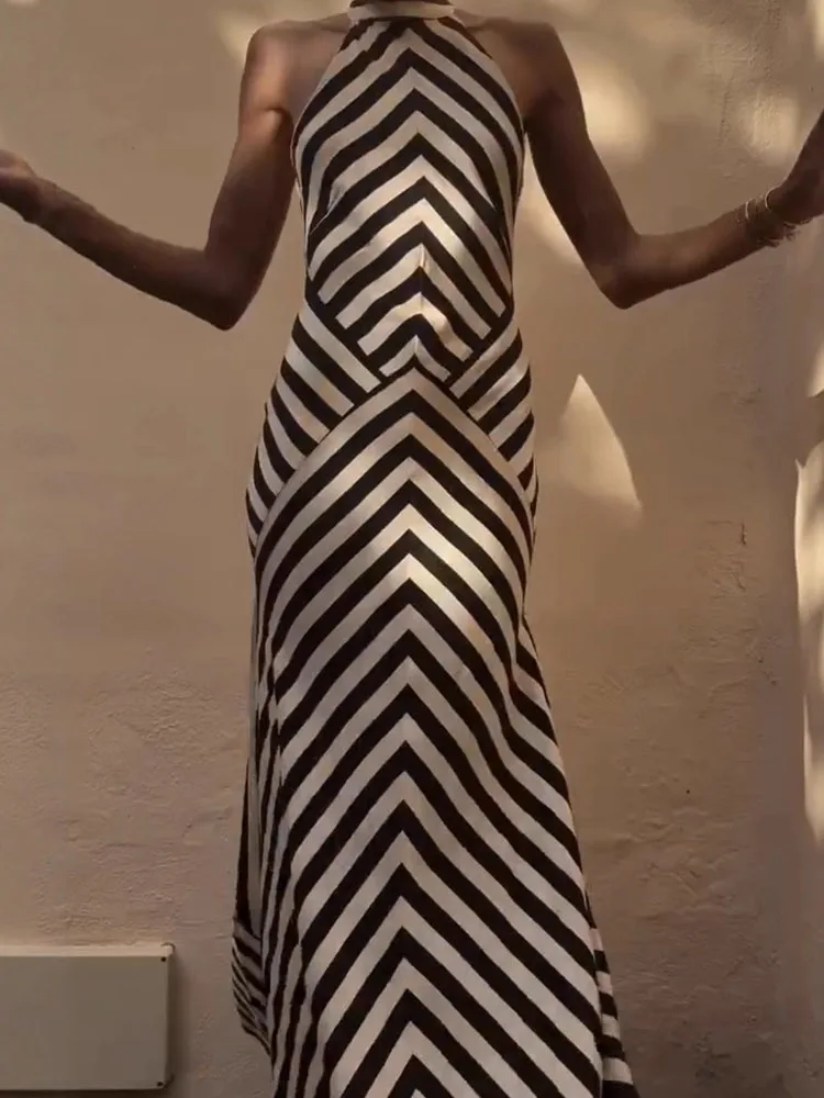 أنيقة الرسن بلا أكمام مساء فستان طويل المرأة مثير عارية الذراعين الجوف خارج فستان الحفلات موضة مخطط طباعة فساتين ضئيلة #1