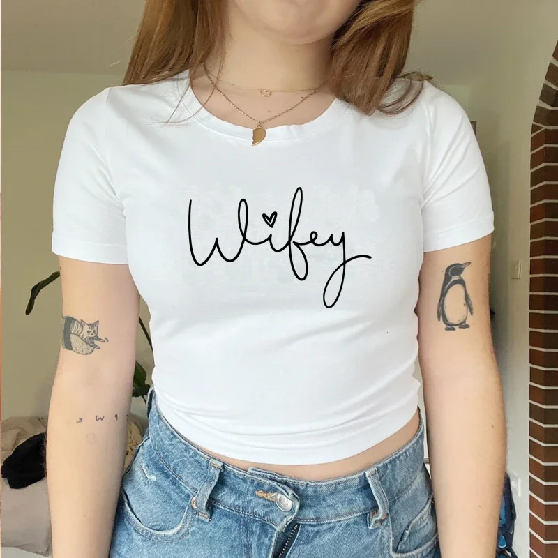 

Wife Love Heart Vintage Women Cropped Top Harajuku Causal Aesthetic Clothes 2000s Grunge Baby Tee Y2k T-shirt Dropshipping