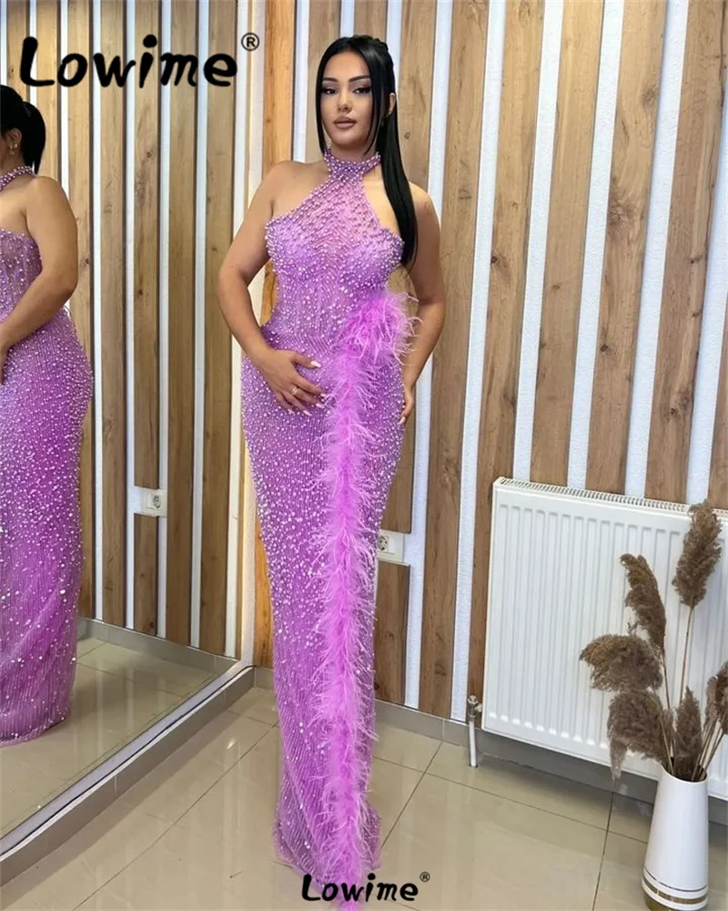 Feathers Arabic Party Dresses Abendkleider Luxus 2024 Beaded Evening Gowns Robes De Gala Aso Ebi Sequined Sexy Evening Prom Gown