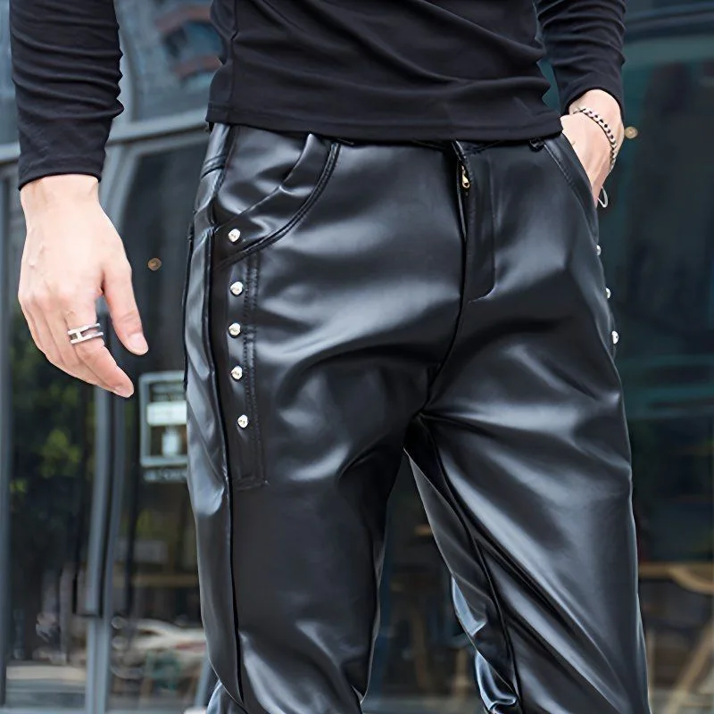 

2026 men, slim fit, riveted personalized locomotive small feet, tight PU leather trousers