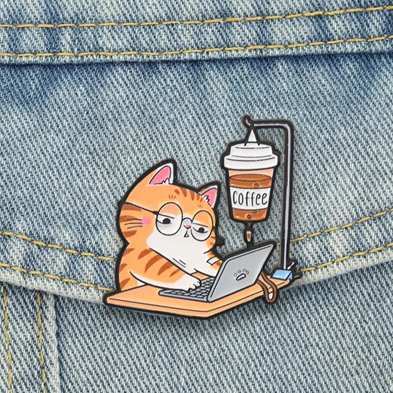 Funny Office Cat Coffee Badge Cute Cartoon Tired Working Kitten Enamel Pins Animal Laptop Brooch Accessories Bag Decor