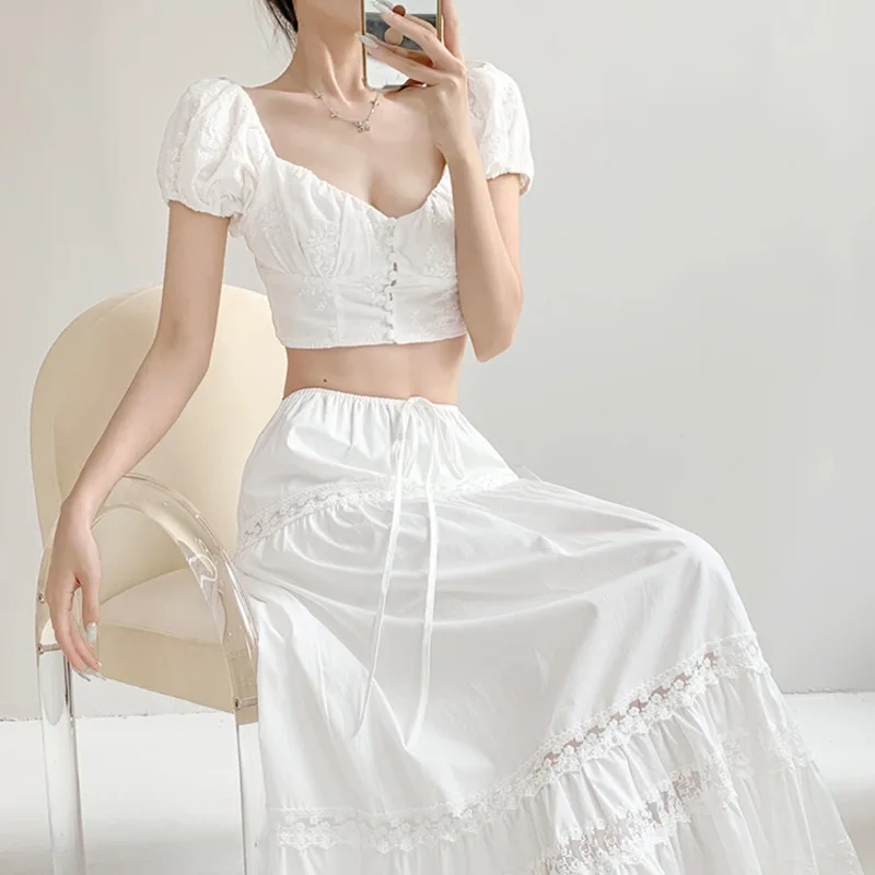 French Style Two-piece Women's 2024 New Pure Desire Square Collar Embroidered Short Top+high Waisted Lace Short Skirt FXAQ