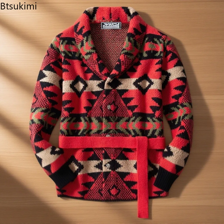 

Fashion New Men's Casual Jacquard Sweaters Lapel Button-up Knitted Cardigans with Belt Autumn Winter Vintage Sweater Coats Male