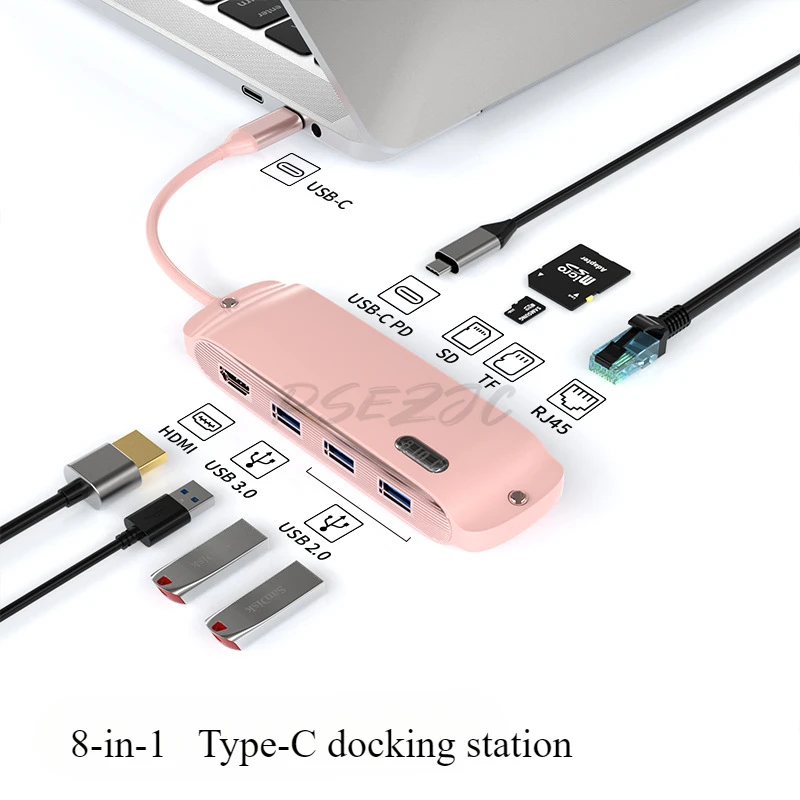 8-in-1 Hub Type-C Expansion Base HD Interface USB 3.0 100Mbps Ethernet Port PD Fast Charging Laptop Converter