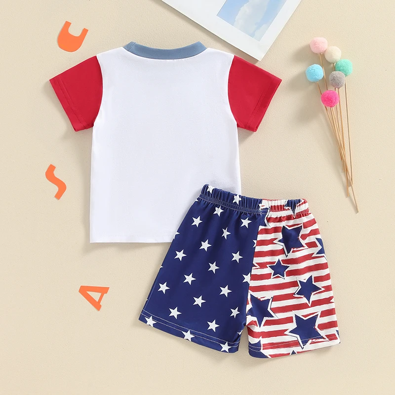 Independence Day Toddler Boy Outfit Patriotic Letter Embroidery Tee and Star Pattern Shorts Set for Summer Celebrations