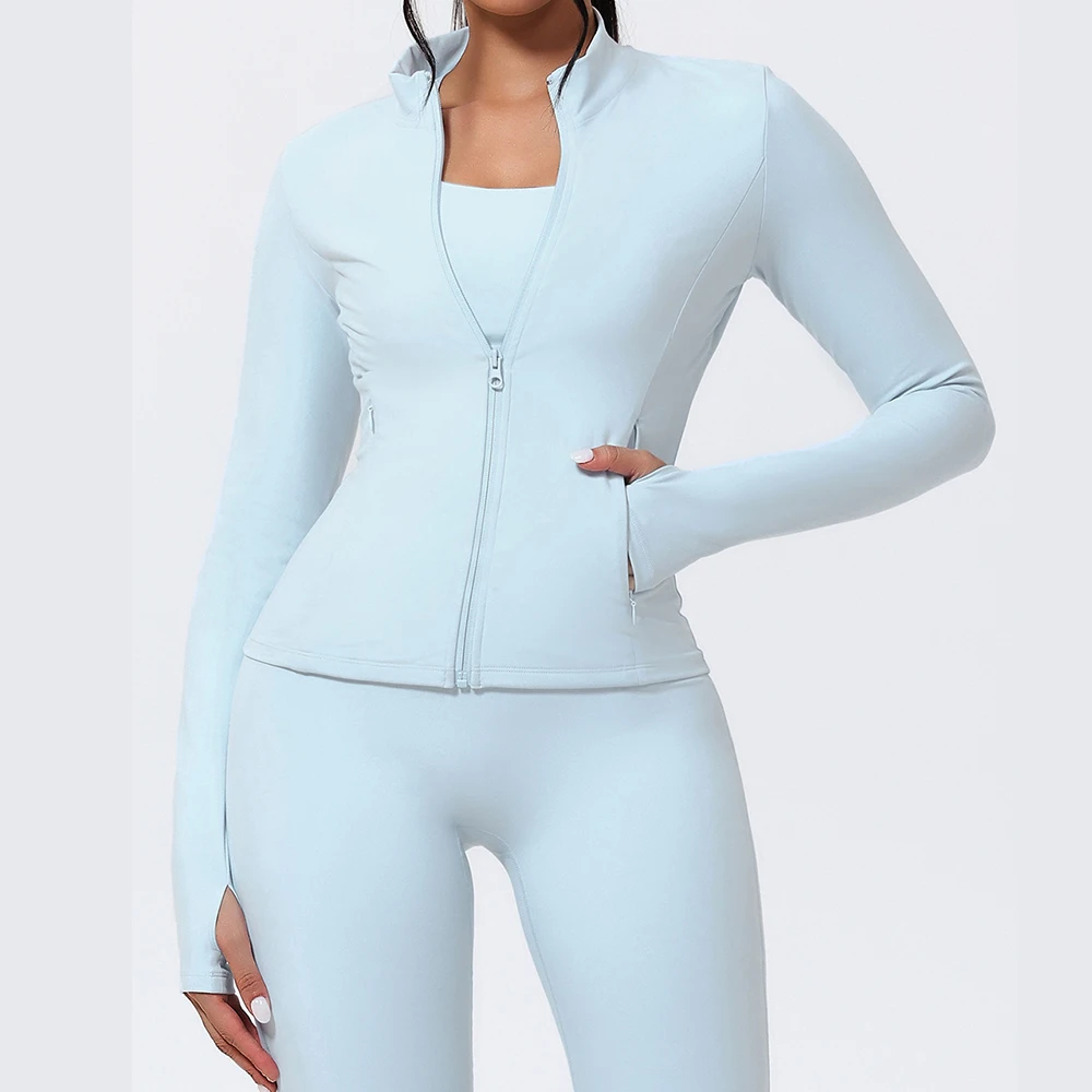 اليوغا طويلة الأكمام المرأة سترة رياضية سستة معطف اليوغا الملابس سريعة الجافة اللياقة البدنية سترة قمصان للجري ثقب الإبهام الصالة الرياضية تجريب أعلى