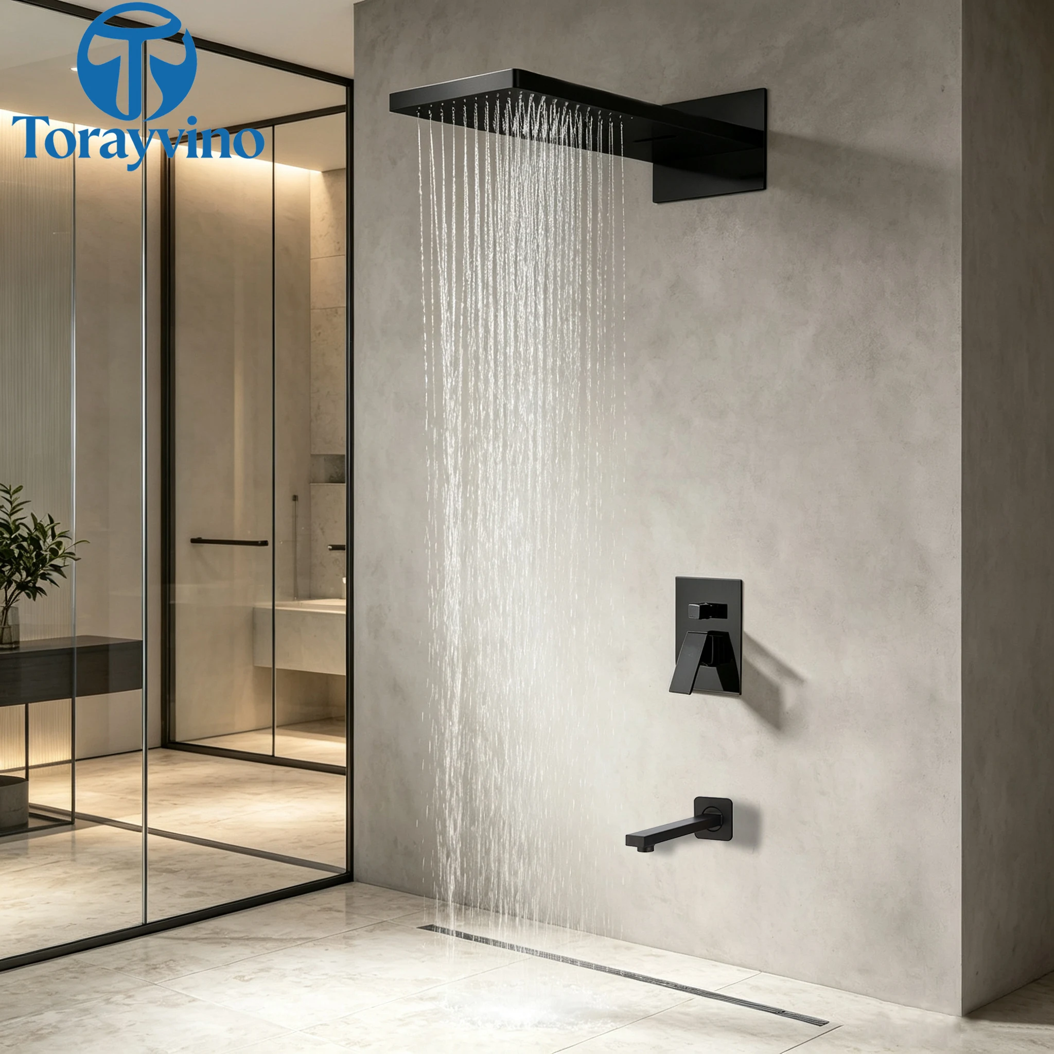 Torayvino Luxury Waterfall Bathroom Black Shower Faucet System Set Outdoor 3-Functions Rainfall Shower Bath Bathtub Mixer Taps