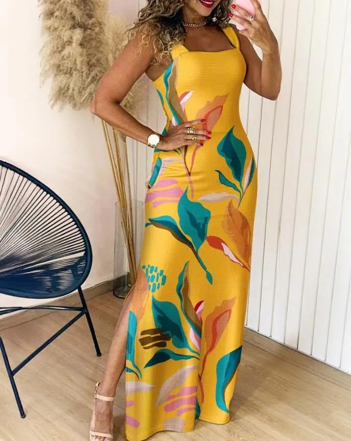 

Womens Dresses 2025 Summer Fashion Tropical Print Thick Strap U-Neckline Slim Fit Slit Maxi Dress Vocation Dress with Pockets