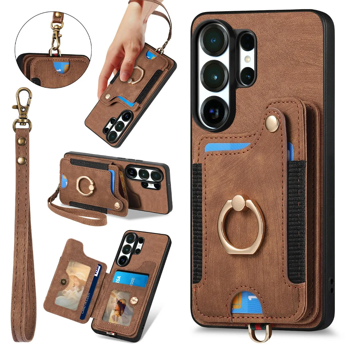Phone Case for Samsung S26 Ultra S26 S25 Plus S24 S23 S22 Ultra A37 A57 A17 Ring Leather RFID Blocking Wallet Card Holder Cover