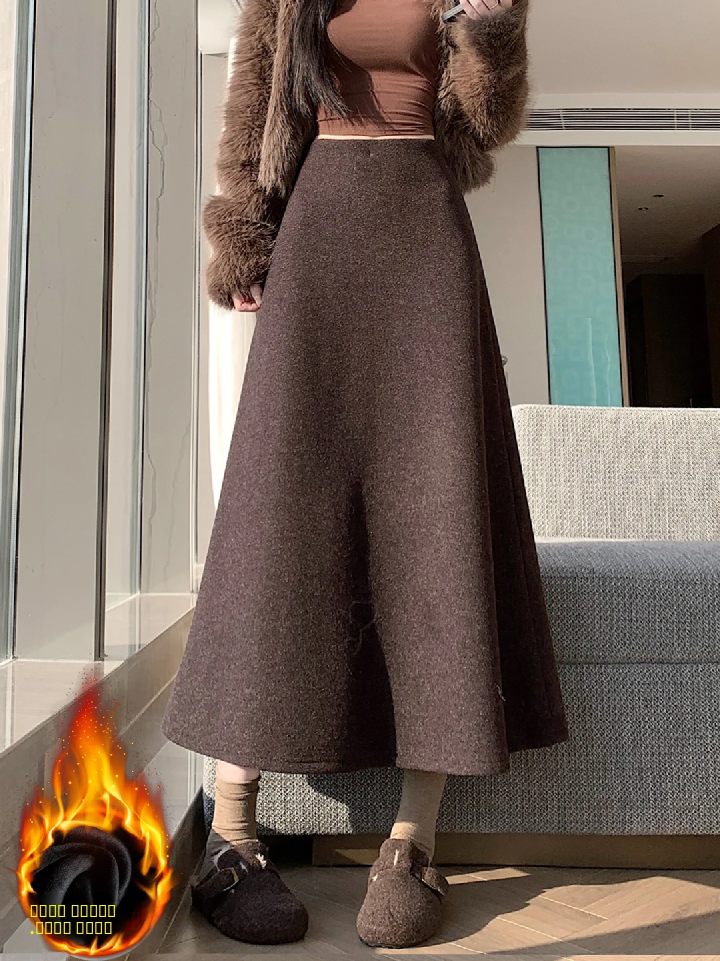 Jupe en laine caramel pour femme, jupe d'hiver Thiened Fce à taille haute, jupe trapèze coréenne, style élégant pour le travail