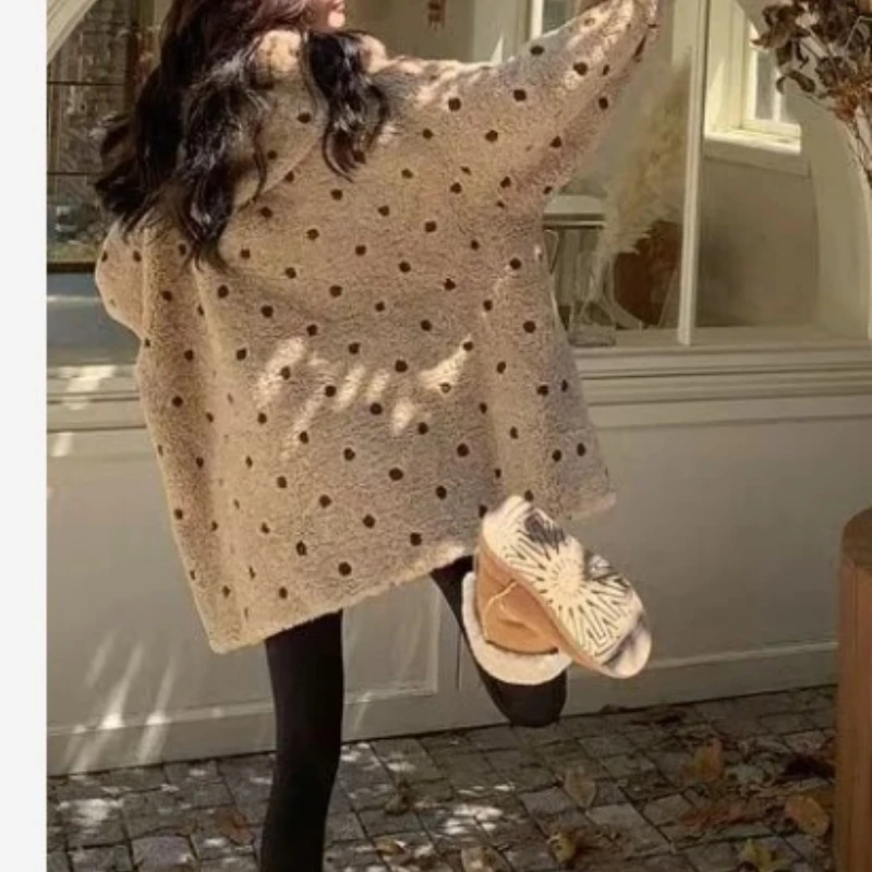 

Polka-dot Hooded Artificial Lamb Wool Coat Loose Medium and Long Women's Jacket