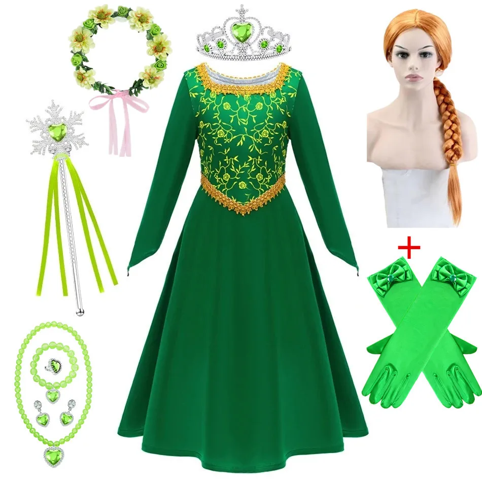 Anime Girls Princess Green Dress Fiona Dress Shrek Cosplay Costume Halloween Fancy Fantasy Party Suit Roleplay for Kids