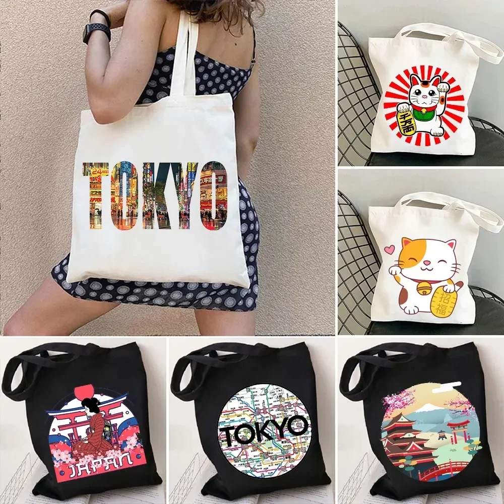 TOKYO JAPAN MANEKI NEKO CUTE JAPANESE LUCKY CAT MOUNT FUJI JANPAN STYLE KYOTO GEISHA CANVAS TOTES BAG SHOPPING SHOULDER HANDBAGS