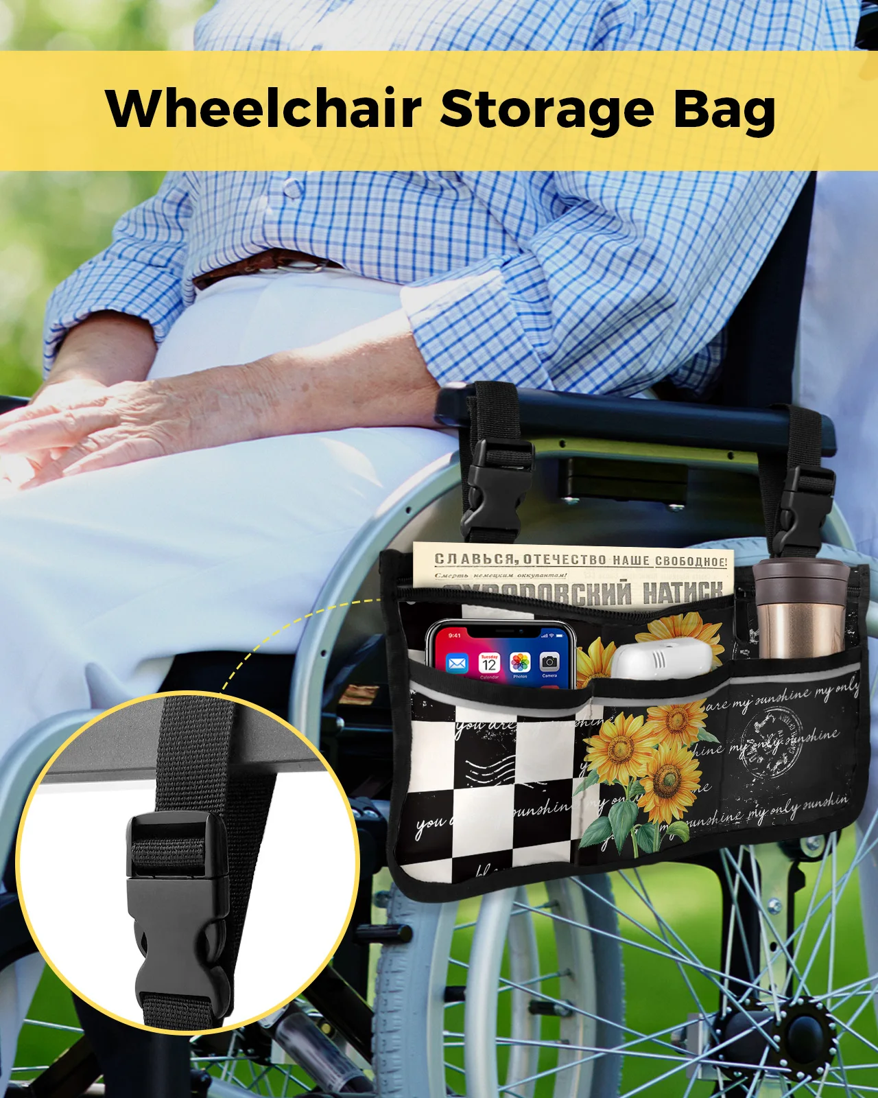 Farm Flower Sunflower Lattice Wheelchair Bag With Pockets Armrest Side Bags Electric Scooter Walking Frame Storage Pouch